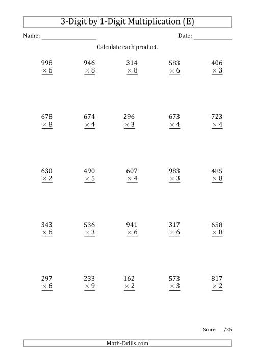 The Multiplying 3-Digit by 1-Digit Numbers with Period-Separated Thousands (E) Math Worksheet