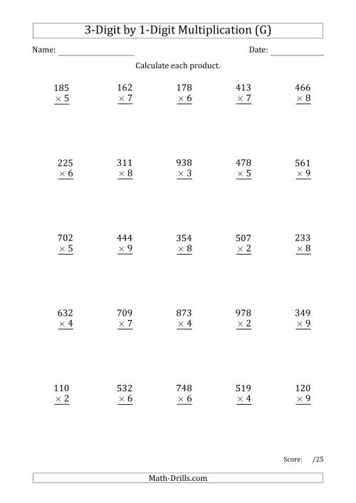 The Multiplying 3-Digit by 1-Digit Numbers with Period-Separated Thousands (G) Math Worksheet