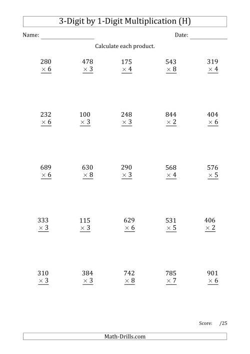 The Multiplying 3-Digit by 1-Digit Numbers with Period-Separated Thousands (H) Math Worksheet