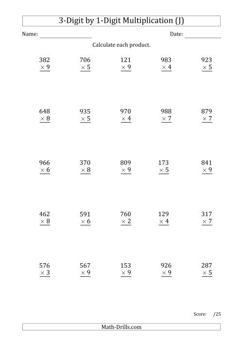 The Multiplying 3-Digit by 1-Digit Numbers with Period-Separated Thousands (J) Math Worksheet