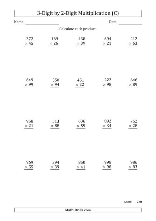 The Multiplying 3-Digit by 2-Digit Numbers with Period-Separated Thousands (C) Math Worksheet
