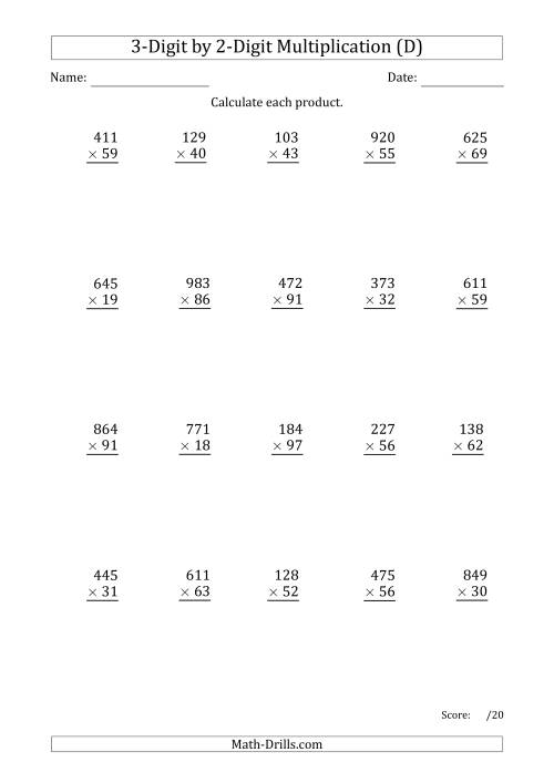 The Multiplying 3-Digit by 2-Digit Numbers with Period-Separated Thousands (D) Math Worksheet