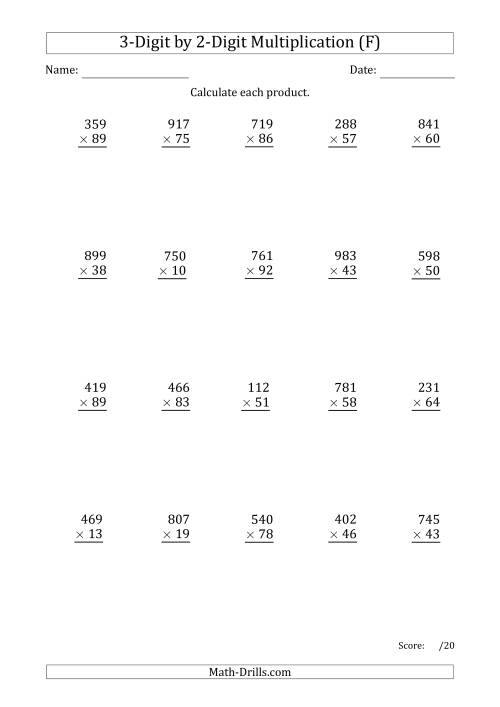 The Multiplying 3-Digit by 2-Digit Numbers with Period-Separated Thousands (F) Math Worksheet