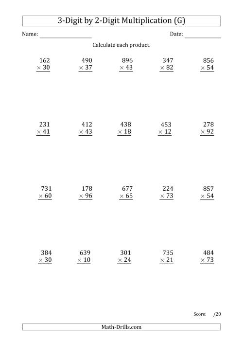 The Multiplying 3-Digit by 2-Digit Numbers with Period-Separated Thousands (G) Math Worksheet
