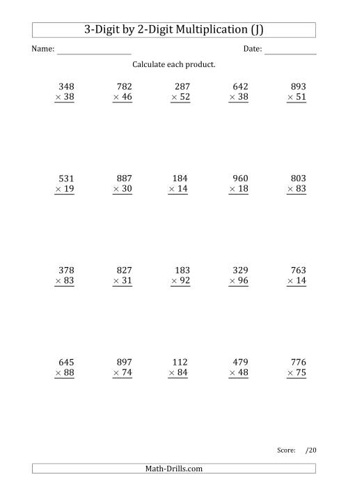 The Multiplying 3-Digit by 2-Digit Numbers with Period-Separated Thousands (J) Math Worksheet