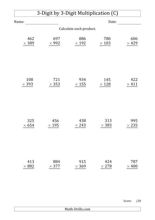 The Multiplying 3-Digit by 3-Digit Numbers with Period-Separated Thousands (C) Math Worksheet