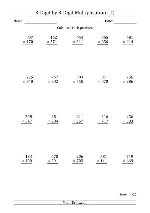 The Multiplying 3-Digit by 3-Digit Numbers with Period-Separated Thousands (D) Math Worksheet