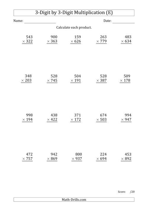 The Multiplying 3-Digit by 3-Digit Numbers with Period-Separated Thousands (E) Math Worksheet