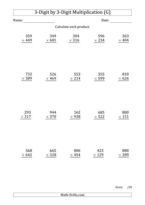 The Multiplying 3-Digit by 3-Digit Numbers with Period-Separated Thousands (G) Math Worksheet