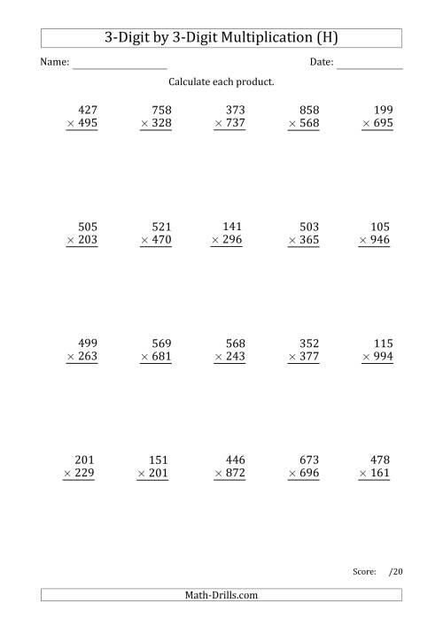 The Multiplying 3-Digit by 3-Digit Numbers with Period-Separated Thousands (H) Math Worksheet