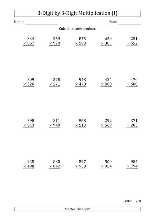 The Multiplying 3-Digit by 3-Digit Numbers with Period-Separated Thousands (I) Math Worksheet