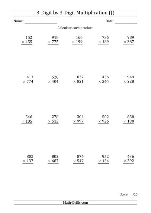 The Multiplying 3-Digit by 3-Digit Numbers with Period-Separated Thousands (J) Math Worksheet