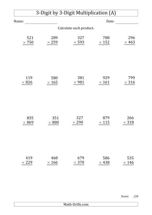 The Multiplying 3-Digit by 3-Digit Numbers with Period-Separated Thousands (All) Math Worksheet