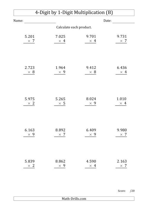 The Multiplying 4-Digit by 1-Digit Numbers with Period-Separated Thousands (B) Math Worksheet