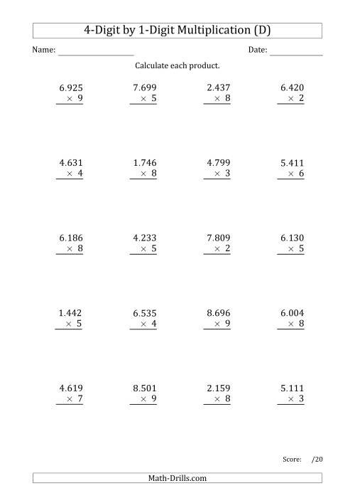 The Multiplying 4-Digit by 1-Digit Numbers with Period-Separated Thousands (D) Math Worksheet