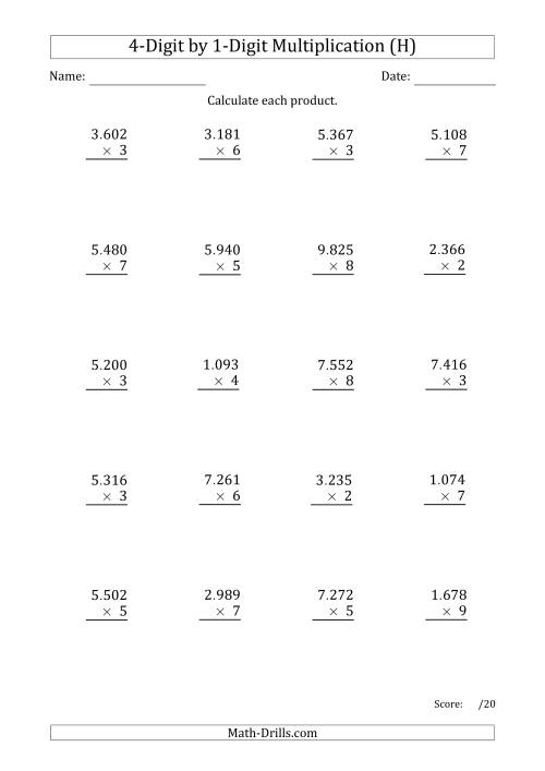 The Multiplying 4-Digit by 1-Digit Numbers with Period-Separated Thousands (H) Math Worksheet