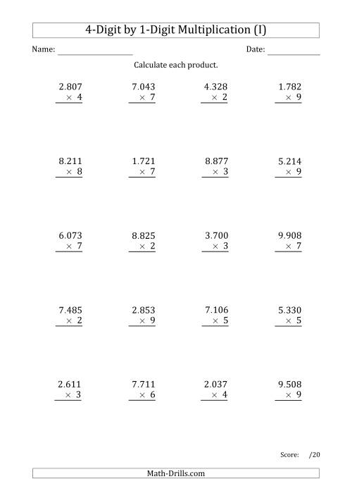 The Multiplying 4-Digit by 1-Digit Numbers with Period-Separated Thousands (I) Math Worksheet