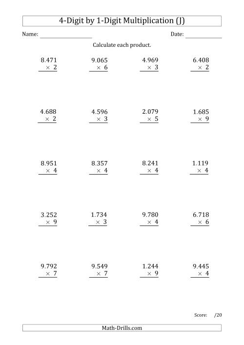 The Multiplying 4-Digit by 1-Digit Numbers with Period-Separated Thousands (J) Math Worksheet