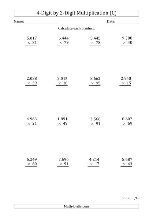 The Multiplying 4-Digit by 2-Digit Numbers with Period-Separated Thousands (C) Math Worksheet