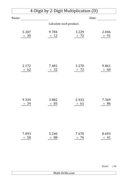 The Multiplying 4-Digit by 2-Digit Numbers with Period-Separated Thousands (D) Math Worksheet