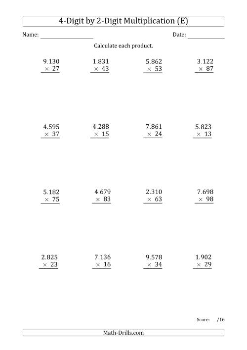 The Multiplying 4-Digit by 2-Digit Numbers with Period-Separated Thousands (E) Math Worksheet