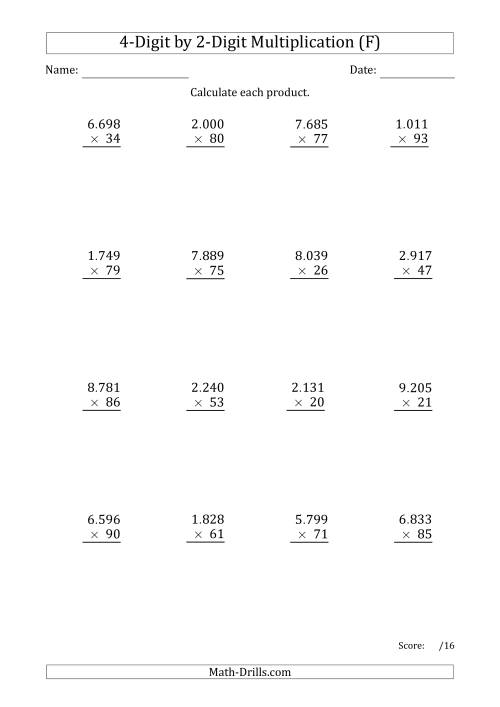 The Multiplying 4-Digit by 2-Digit Numbers with Period-Separated Thousands (F) Math Worksheet