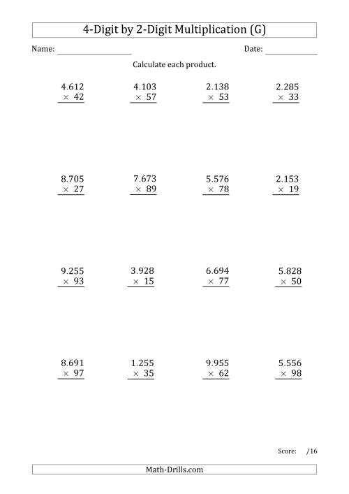 The Multiplying 4-Digit by 2-Digit Numbers with Period-Separated Thousands (G) Math Worksheet
