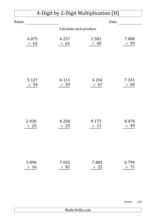 The Multiplying 4-Digit by 2-Digit Numbers with Period-Separated Thousands (H) Math Worksheet