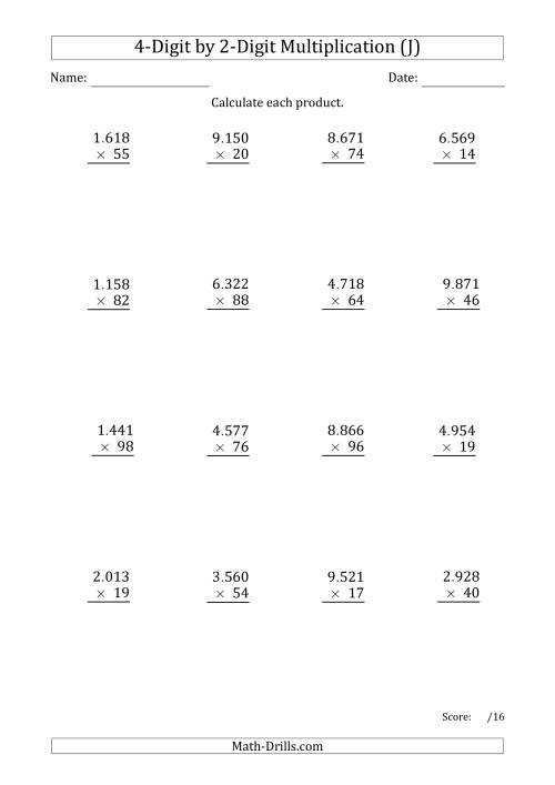 The Multiplying 4-Digit by 2-Digit Numbers with Period-Separated Thousands (J) Math Worksheet