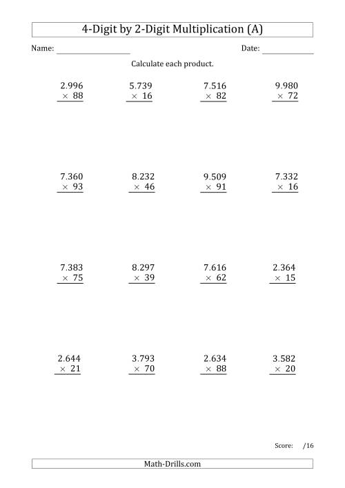 The Multiplying 4-Digit by 2-Digit Numbers with Period-Separated Thousands (All) Math Worksheet