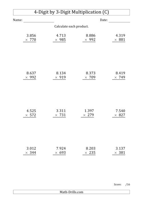 The Multiplying 4-Digit by 3-Digit Numbers with Period-Separated Thousands (C) Math Worksheet