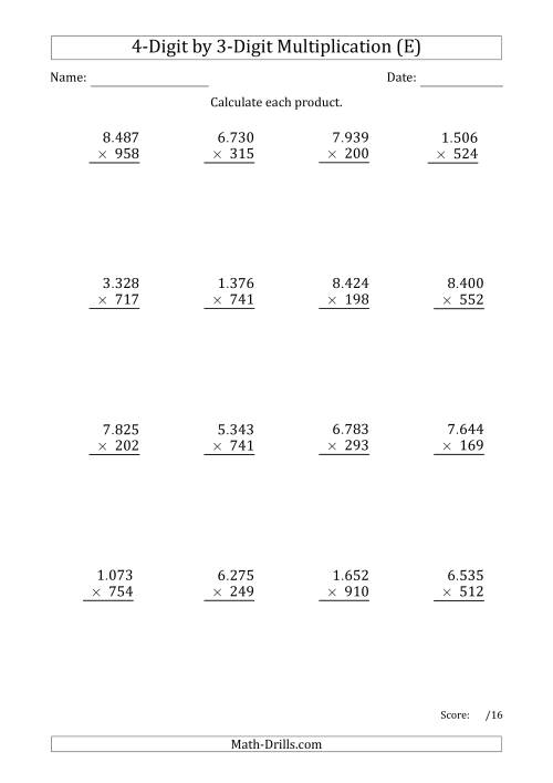 The Multiplying 4-Digit by 3-Digit Numbers with Period-Separated Thousands (E) Math Worksheet