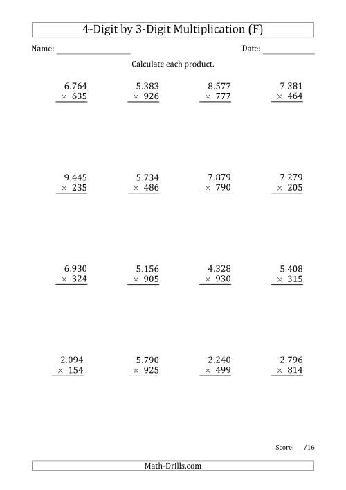 The Multiplying 4-Digit by 3-Digit Numbers with Period-Separated Thousands (F) Math Worksheet