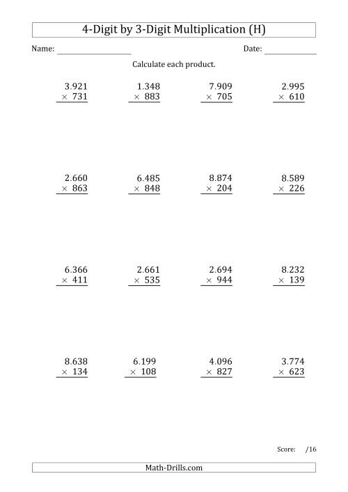 The Multiplying 4-Digit by 3-Digit Numbers with Period-Separated Thousands (H) Math Worksheet