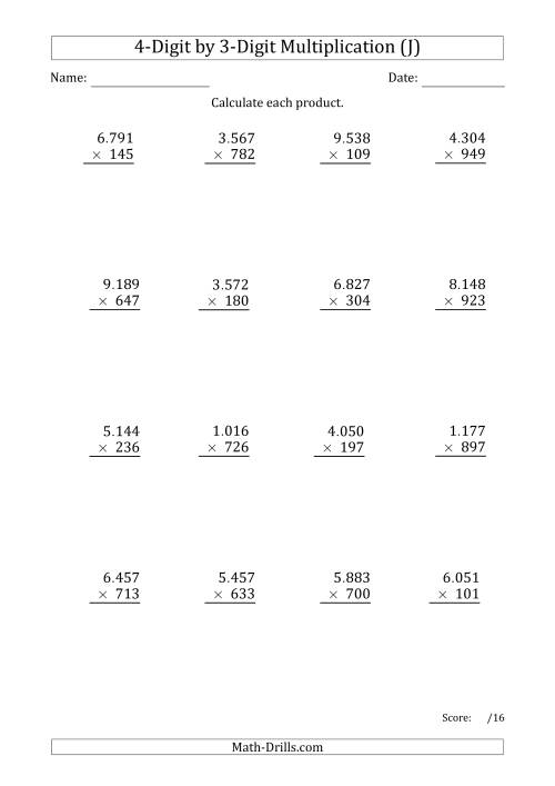 The Multiplying 4-Digit by 3-Digit Numbers with Period-Separated Thousands (J) Math Worksheet
