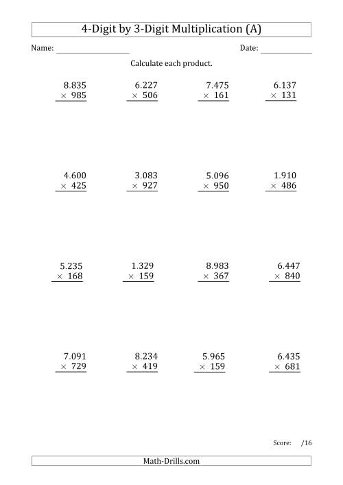 The Multiplying 4-Digit by 3-Digit Numbers with Period-Separated Thousands (All) Math Worksheet