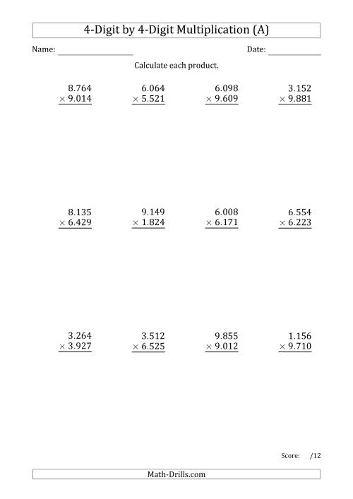 The Multiplying 4-Digit by 4-Digit Numbers with Period-Separated Thousands (A) Math Worksheet