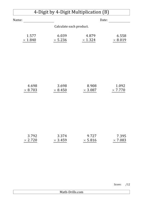 The Multiplying 4-Digit by 4-Digit Numbers with Period-Separated Thousands (B) Math Worksheet