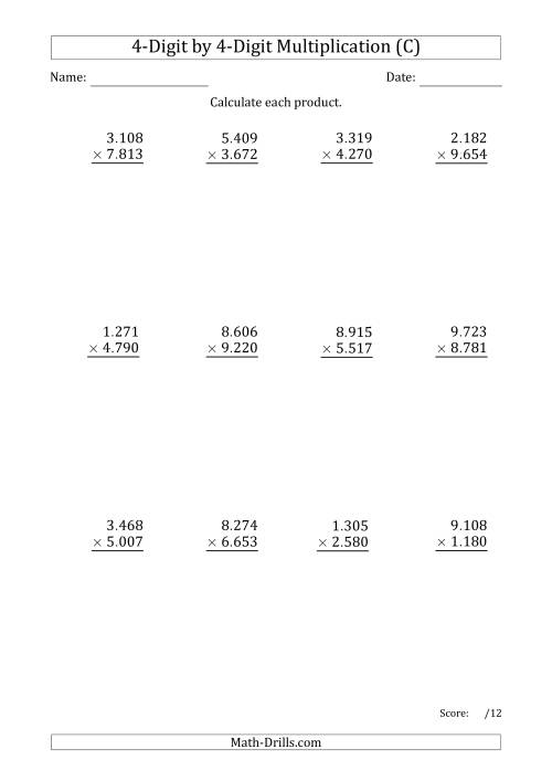 The Multiplying 4-Digit by 4-Digit Numbers with Period-Separated Thousands (C) Math Worksheet