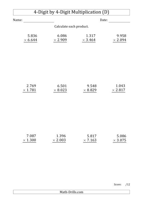 The Multiplying 4-Digit by 4-Digit Numbers with Period-Separated Thousands (D) Math Worksheet