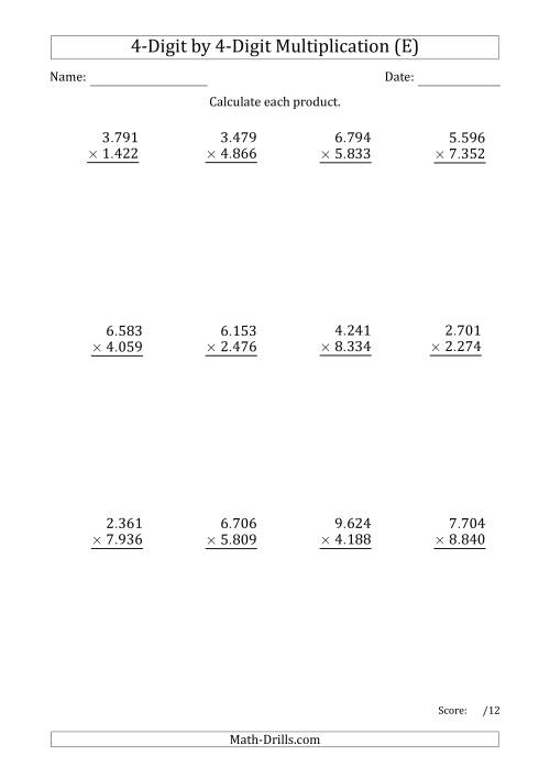 The Multiplying 4-Digit by 4-Digit Numbers with Period-Separated Thousands (E) Math Worksheet