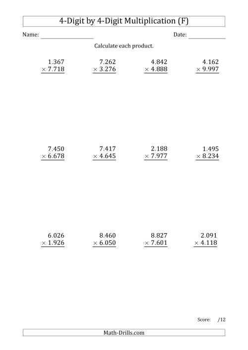 The Multiplying 4-Digit by 4-Digit Numbers with Period-Separated Thousands (F) Math Worksheet