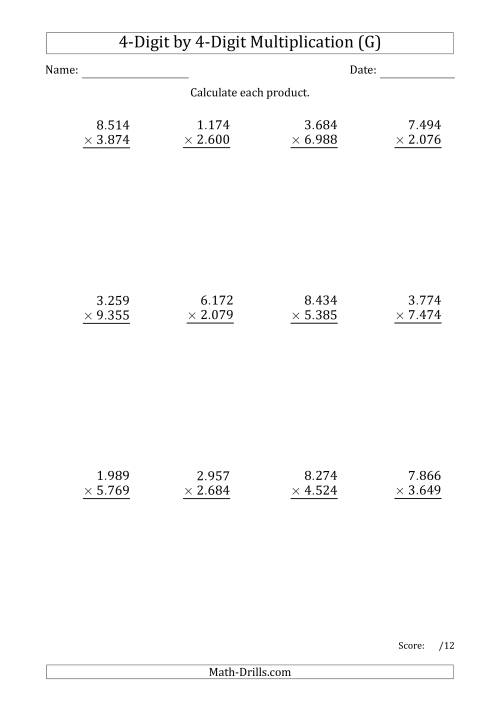 The Multiplying 4-Digit by 4-Digit Numbers with Period-Separated Thousands (G) Math Worksheet