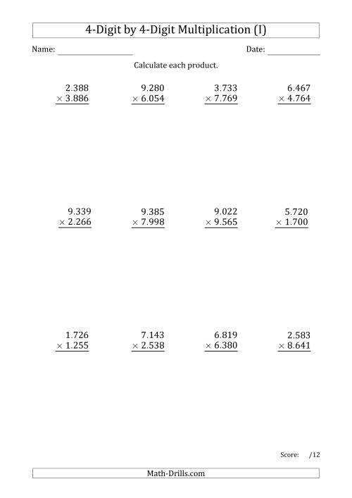 The Multiplying 4-Digit by 4-Digit Numbers with Period-Separated Thousands (I) Math Worksheet