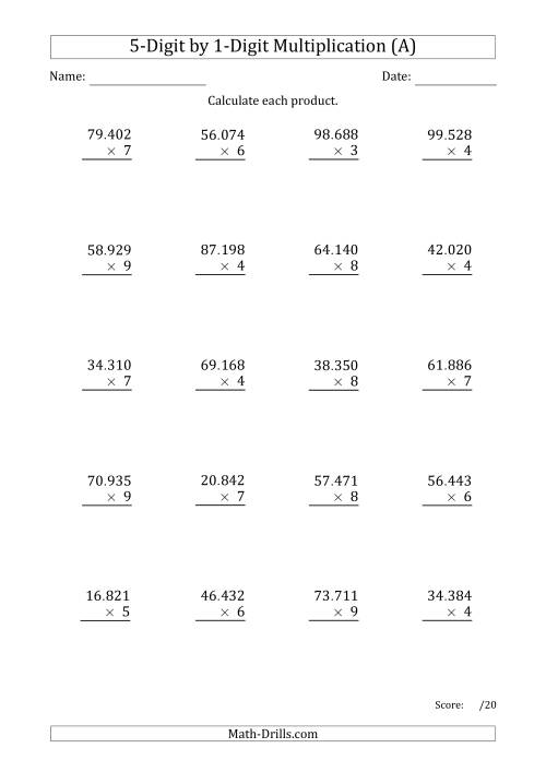 The Multiplying 5-Digit by 1-Digit Numbers with Period-Separated Thousands (A) Math Worksheet