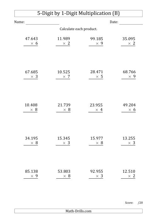 The Multiplying 5-Digit by 1-Digit Numbers with Period-Separated Thousands (B) Math Worksheet