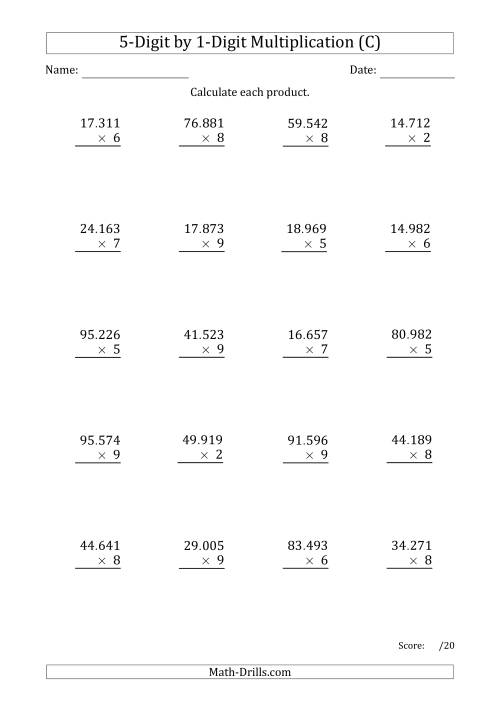 The Multiplying 5-Digit by 1-Digit Numbers with Period-Separated Thousands (C) Math Worksheet