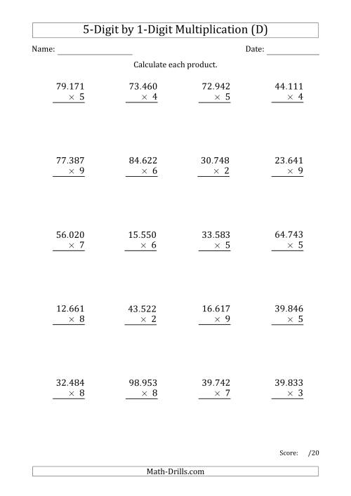 The Multiplying 5-Digit by 1-Digit Numbers with Period-Separated Thousands (D) Math Worksheet