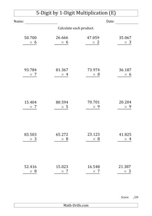The Multiplying 5-Digit by 1-Digit Numbers with Period-Separated Thousands (E) Math Worksheet