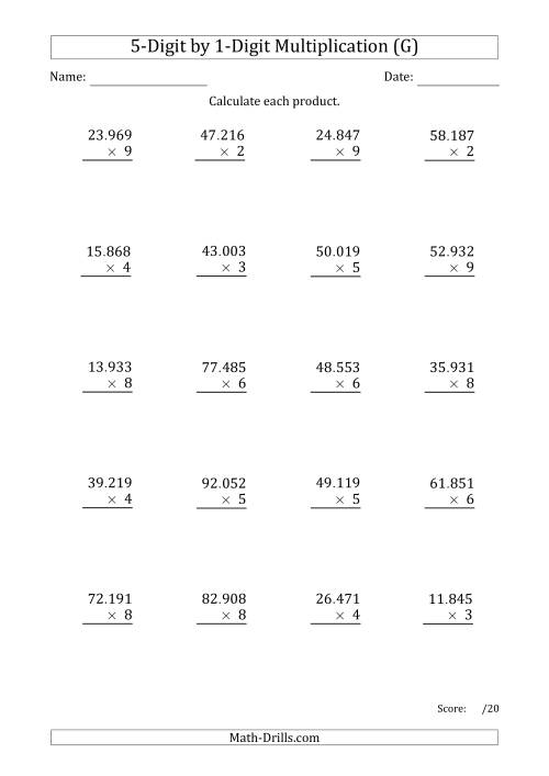 The Multiplying 5-Digit by 1-Digit Numbers with Period-Separated Thousands (G) Math Worksheet